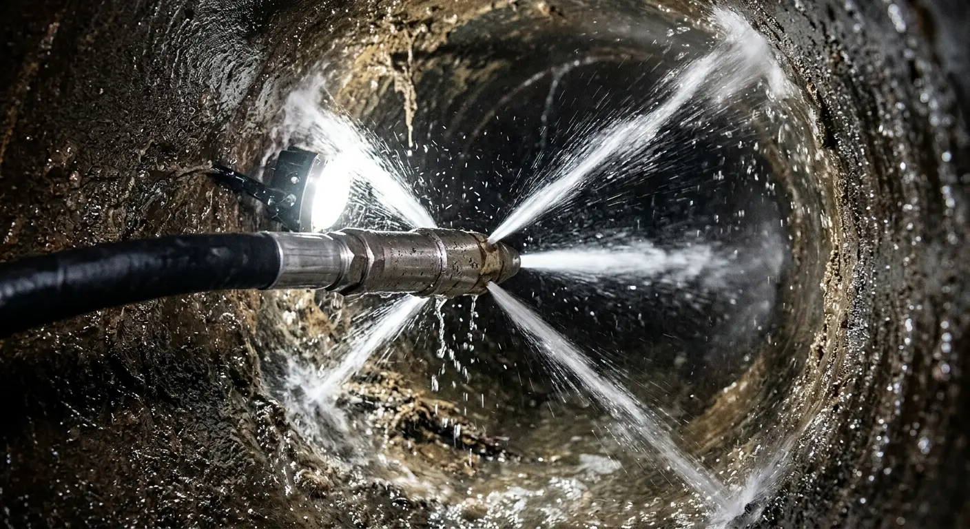 High-pressure hydro jetting nozzle cleaning sewer pipe for Trenchless Sewer Repair in Gloucester