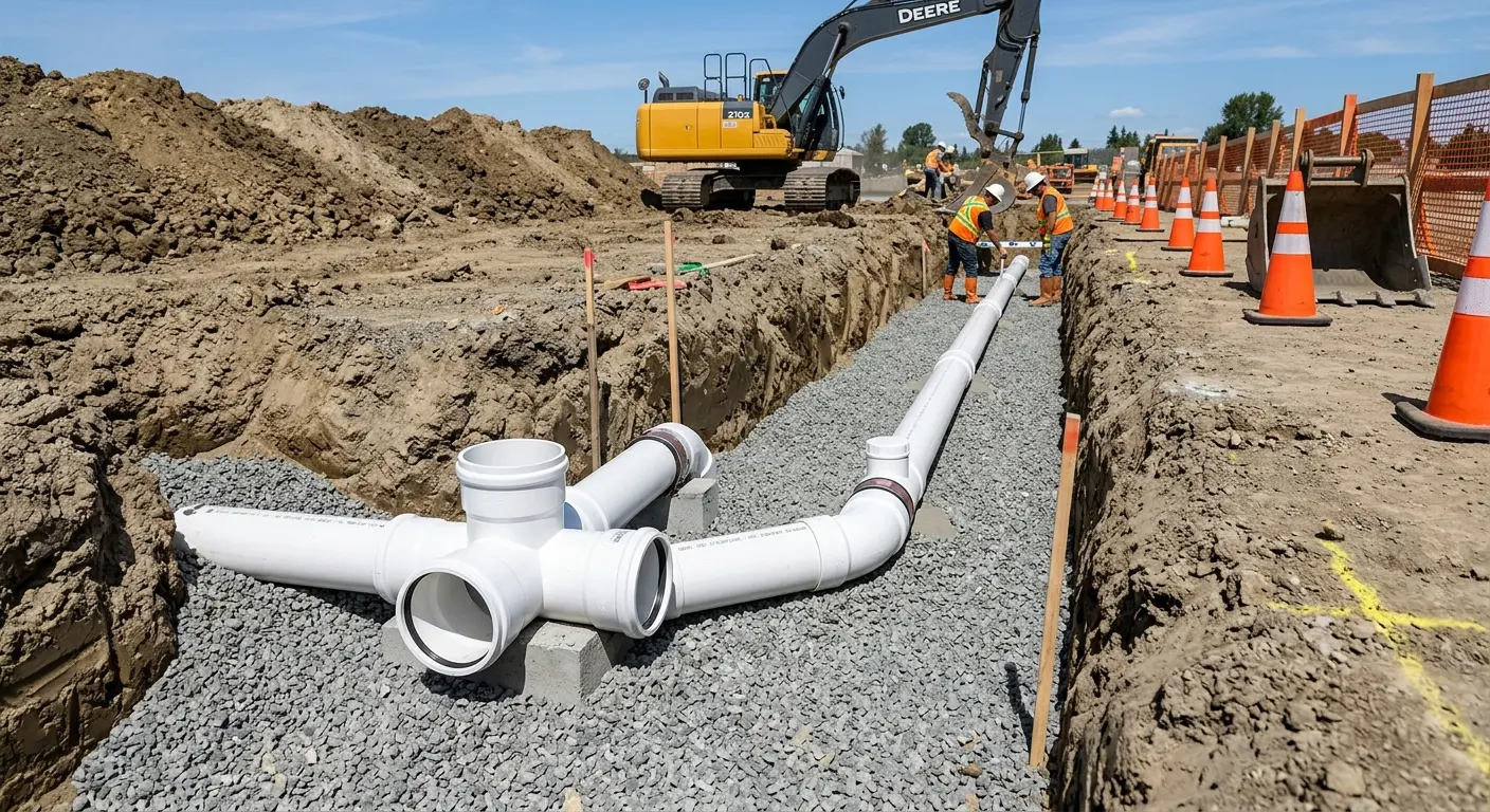 New PVC sewer pipe installation in open trench for Commercial Drain Cleaning in Gloucester