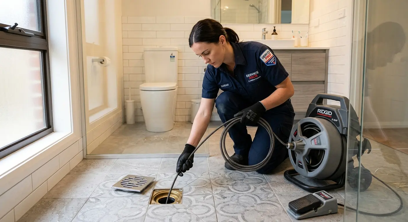 Technician clearing a bathroom floor drain for Clogged Drain Repair in Gloucester
